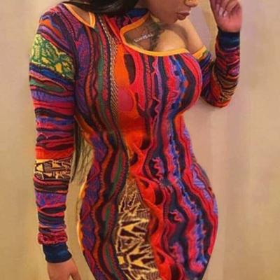 China Dry cleaning Autumn Tie-Dye Sexy hot 3XL plus size Bodycon dress long sleeve irregularity hollow out short dress women elegant dresses 2021 for sale