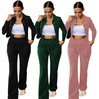 China Newest Design Autumn Solid Color Velvet QUICK DRY Casual Outfits Sheath Long Button Closure Coat Short Long Panty Women 2 Piece Velvet Set for sale