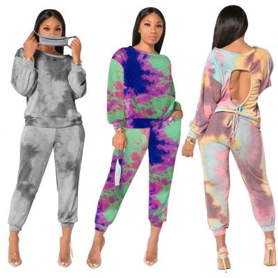 China Fashionable Plus-Size Casual Home Wear Waterproof Tie Dye Long Printed Sleeve Around Neck Pantsuit Women Two Piece Set for sale