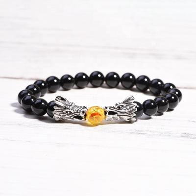 China BOHEMIA Wholesale Natural Stone Beads Yoga Valconic Healing Energy Stone Bracelet Dragon Head Black Onyx Bracelet for men for sale