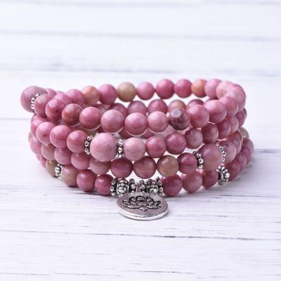 China Best Latest Selling CLASSIC Lotus Charm Unisex Natural Rhodochrosite Yoga Mala 108 Bracelet Beaded Gem Stone Explosion Beads Fashion for sale