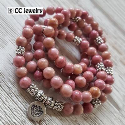 China ALLOY cc 108 cc natural stone beaded mala wrap bracelet rhodochrosite necklace for women for sale