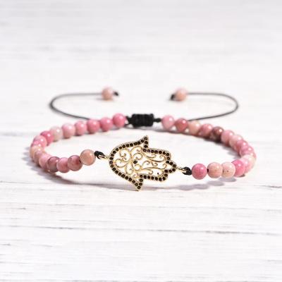 China CLASSIC High Quality New Design Custom Natural Stone Rhodochrosite Beads CZ Hamsa Charm Adjustable Bracelet Men Women Handmade for sale