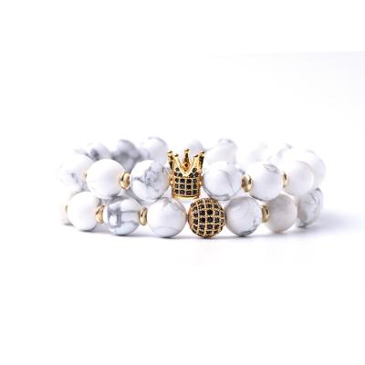 China 2021 New Style BOHEMIA Men Women 2 Set Natural Stone White Pearl Royal Crown With CZ Charm Bracelet Stretch Beaded Bracelet for sale