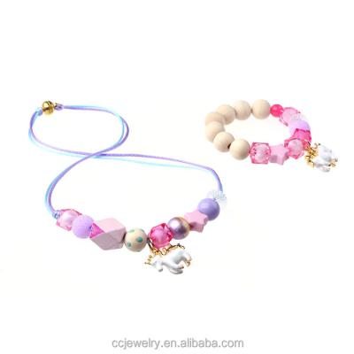 China Wooden Girl's Unicorn Charm + Kids Wooden Beaded Necklace Bracelet Jewelry Set CCT0016 for sale