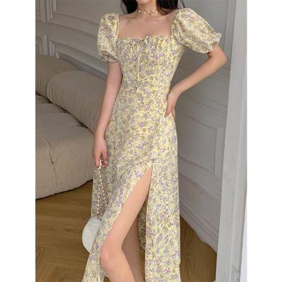 China Wholesale Summer Anti-wrinkle Flower Print Casual Medium Length Dress Fashion Square Collar Dress Women Elegant Sexy Vintage Dress for sale