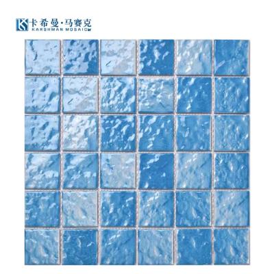 China Parquet Wholesale Ceramic Water Ripple Mosaic Tile Glazed Aqua Blue Ceramic Mosaic Swimming Pool Tiles for sale