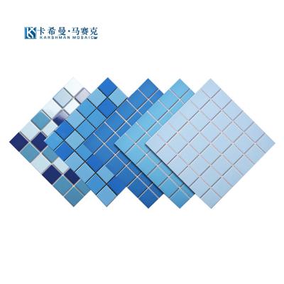 China Parquet Ceramic Mosaic Swimming Pool Tiles Anti Slip Ceramic Tiles Tricolor Blue Ceramic Mosaic for sale