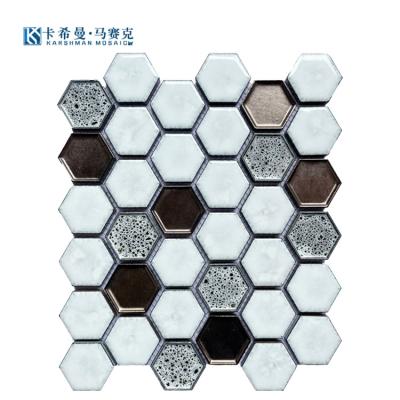 China Parquet Wholesale Sales White Beige Hexagons Ceramic Mosaics Ceramic Kilns Background Wall Kitchen for sale