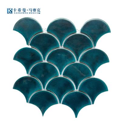 China Parquet Custom Fan-shaped Double Ice Cracked Ceramic Mosaic Background Wall Bathroom Fish Scale Fan-shaped Brick for sale