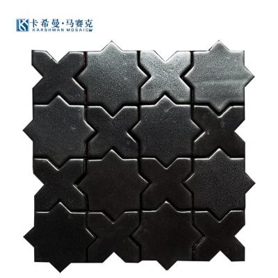 China Modern New Style Star Cross Pattern Glossy Glazed Black Ceramic Mosaic Tile For Restaurant Kitchen Bathroom Wall Backsplash Decor for sale