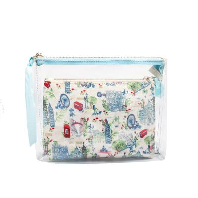 China Fashion 2 in 1 Custom Printing PVC Cloth Clear Cosmetic Bag With Bow Ribbon Decoration Zipper for sale