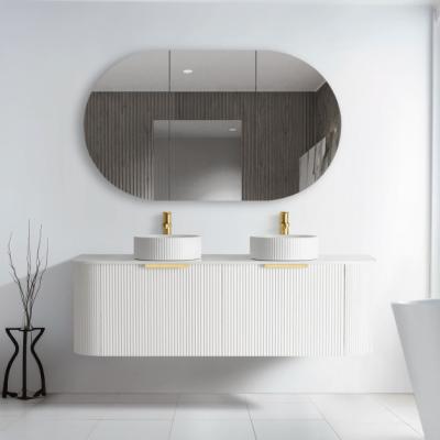 China Contemporary Modern Luxury Fluted Curved Floating Double Sink Cabinet Wall Mount Bathroom Vanity With Sink for sale