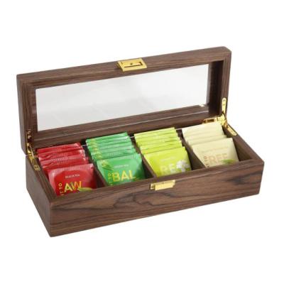 China China Custom Family Wooden Tea Bag Storage Box with Clear Lid, 4 Adjustable Compartments, Wooden Tea Box for sale