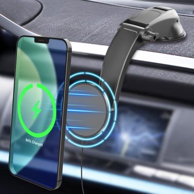 China Magnetic Car Dashboard Suction Cup 15W Charging Adjustable Fast Wireless Charger Phone Holder Car Mount for Iphone 13 with Magsafe for sale