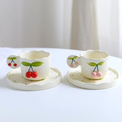 China New Arrived Viable Wholesale Cute Handmade Creative Cherry Cups And Saucers Coffee Cup With Saucer Home Tableware Ceramic Tea Cup Set for sale