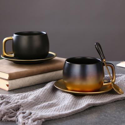 China Viable Popular Style High Quality Gold Black Coffee Mug With Saucer And Spoon Elegant Ceramic Tea Cup Saucer Set Tableware Home Gifts for sale