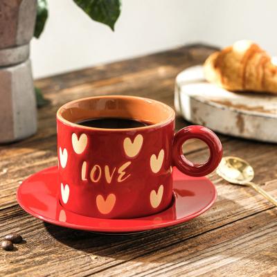 China Best Selling Viable Vintage Heart Porcelain Red Green Cups With Saucers And Spoons Love Coffee Tea Cup Saucer Creative Set for sale