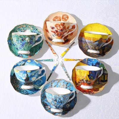 China Wholesale Fine Viable Bone China Van Gogh Oil Painting Cups with Saucers and Spoons High Quality Porcelain Cup Set for Coffee Tea Latte for sale