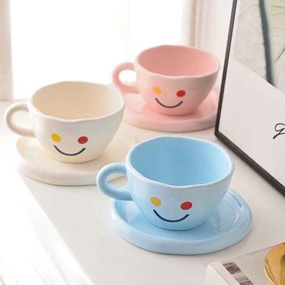 China Best Viable Wholesale Colorful Smile Mugs With Cute Hand Painted Ceramic Cup And Saucers Coffee Tea Cup Set Drinkware for sale