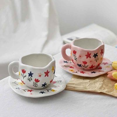 China Viable Unique High Quality Wholesale Hand Painted Flower Cups With Saucers Rose White Porcelain Handmade Cup And Saucer For Coffee Tea for sale