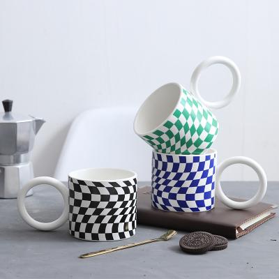 China Viable Hot Sale Personalized Creative Large Ear Lattice Lattice Coffee Cups Home Office Drinkware Tea Milk Blue Green Mug Mugs Creative Porcelain for sale