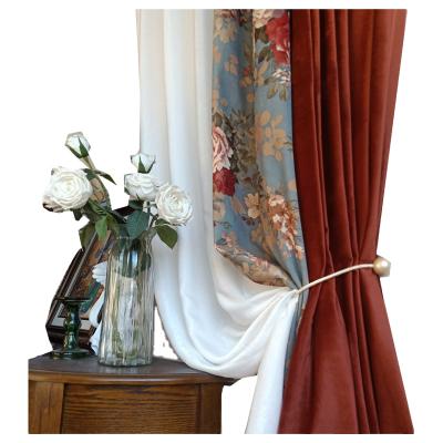 China Blackout Caramel Solid Color Patchwork Brick Red American Country Retro Flowers Living Room Bedroom Shade Pile Curtains for sale