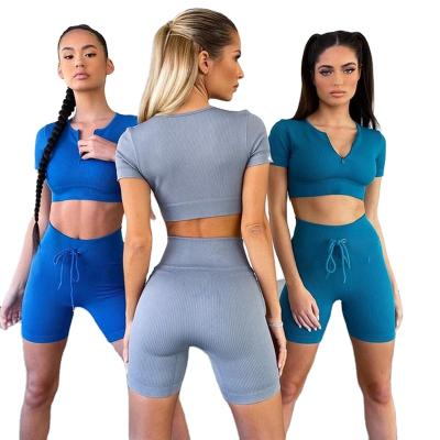 China Breathable Workout Clothes Sets Gym Clothing Women Sports Wear Short Sleeve Crop Top And Short Suit for sale