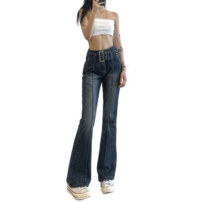 China Color Fade Proof Low Price In Stock Items Women Woven Retro Distressed Washed Jean Woven Waistband Micro Thin Flare Jeans For Fashion Girl for sale