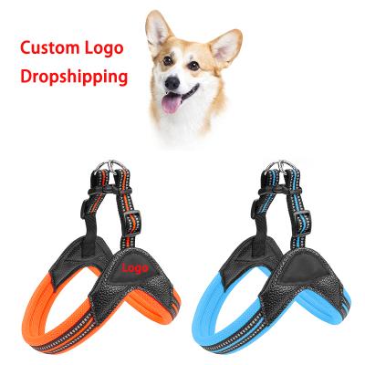 China Luxury Designers Adjustable Reflective Logo Wholesale Custom Leather Dog Harness for sale