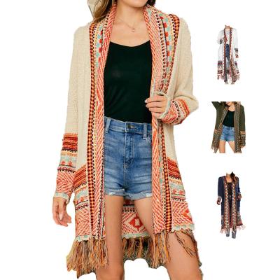 China Wholesale 2022 Anti-Wrinkle Autumn Winter Bohemian Cardigan Customize Knit Sweater Women Dress Fringe Aztec Tribal Coat Oversized Cardigan for sale