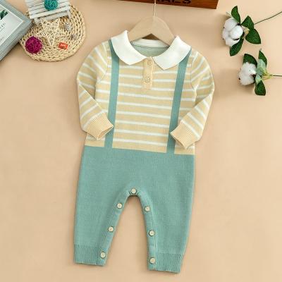 China Casual 2022 Spring Long Sleeve Baby Striped Colorblock Button Front Knit Jumpsuit for sale