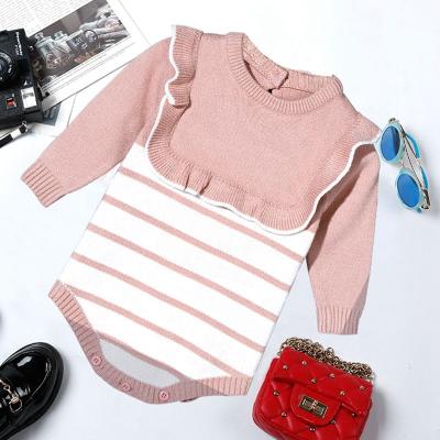 China 2021 New Baby Casual Sweaters Children's Sweater Striped Pattern Ruffle Trim Newborn Knitted Clothes Baby Knit Jumpsuit for sale