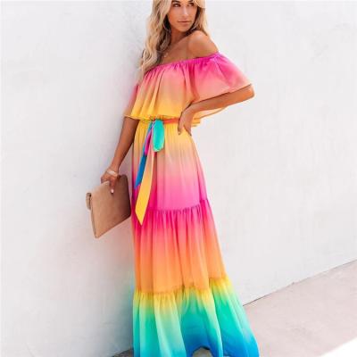 China Wholesales Breathable Spring Summer Party Style Gradient Color Ruffles Edge Off Shoulder Women Vacation Casual Outfits for sale