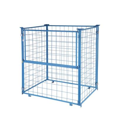 China Industrial Warehouse Galvanized Folding Metal Wire Mesh Storage Pallet Collapsible Stacking Cage With Wooden Pallet for sale