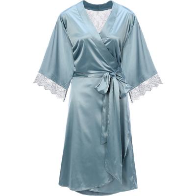 China Breathable Women's Sheer Long Color Short Satin Kimono Robes With Oblique V Neck Bridesmaid Wedding Party Dressing Gown for sale