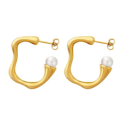 China TRENDY 18K Gold Plated Geometric Irregular Open Circles | Pearl Gold Hoop Earrings For Women for sale