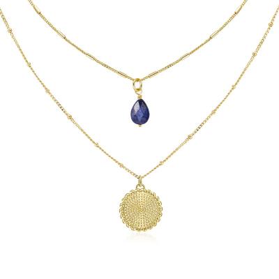 China 18K Gold Necklace 18K Gold Lapis Lazuli Gemstone Sunflower Cute Chain Tiny Multilayer Pendant Necklaces For Women for sale