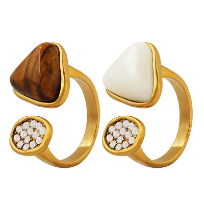 China FASHIONABLE Temperament High Grade Light Luxury 18K Gold Plated Tiger Eye Stone Freshwater Shell Opening Inlaid Zircon Rings for sale