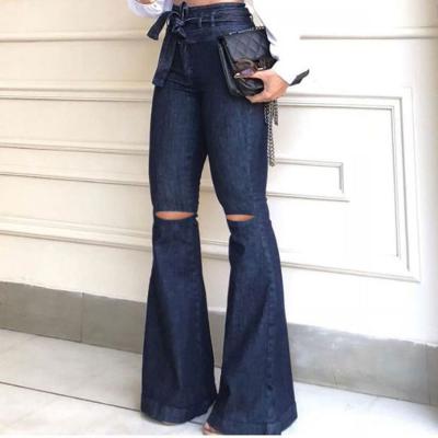 China Viable Wholesale Hot Sale Women Jeans Distressed Bell Bottom Wide Leg Jeans Stretch Straight Jeans Solid Color Rip Pants for sale