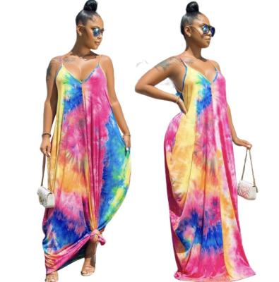 China Trade Assurance Casual Girls Breathable Fashion V Neck Strap Colorful Printed Dress Maxi Famale Dress With Loose Prockets for sale