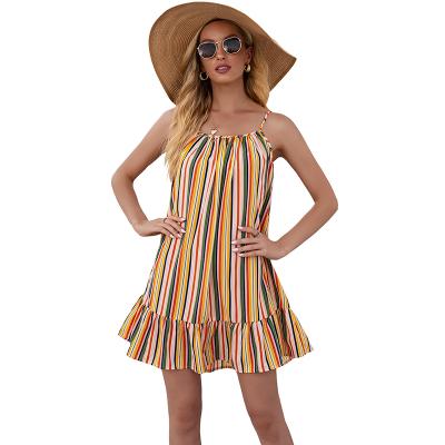 China Breathable Big Discount Casual Summer Striped Dresses Mini Woman Boho Floral Print Autumn Party Short Dress Loose V Neck Summer Female for sale