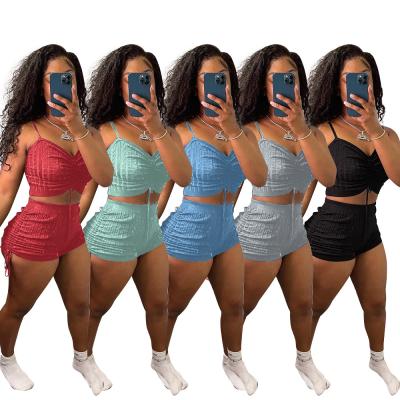 China Women's Casual Clothing Set QUICK DRY Two Piece Set Women's Suits Solid Color V-Neck Drawstring Waist Women's Suits for sale