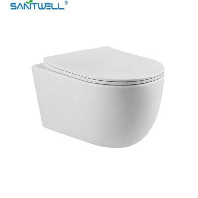 China Wall-hung rimless concealed cistern porcelain toilet P-trap180mm with soft close for sale