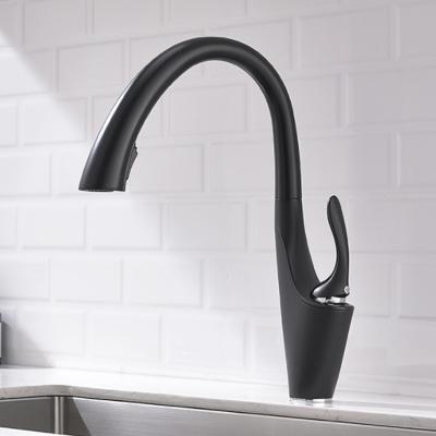 China Pull Out Jet Black Goose Neck Pull Down Kitchen Faucet Sink Kitchen Mixer Tap Pull Out for sale