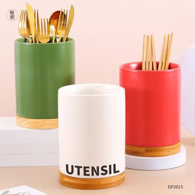 China Custom Viable Ceramic Logo Cylinder Porcelain Cutlery Holder Kitchen Tools Pot Chopstick Utensil Holder for sale