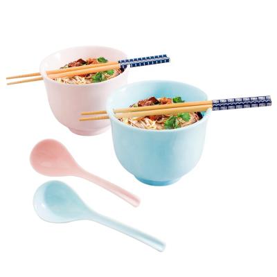 China Viable Custom Ceramic Japanese Cereal Bowl Ramen Udong Pho Noodle Soup Japanese Ramen Bowl With Bamboo Chopsticks Spoon for sale