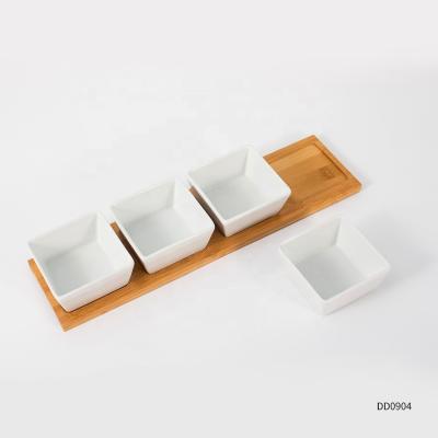 China Sustainable Wholesale Porcelain Serving Dishes Rectangle Sets Custom Made Ceramic Sauce Snack Dish Set With Wooden Base for sale