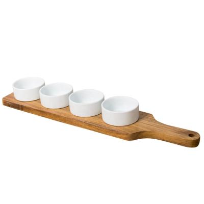 China Sustainable Compartment Ceramic Dish Round Dip Bowl Set With Bamboo Tray For Sauce Appetizer Ramekins Snack for sale