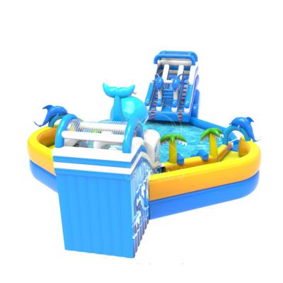 China Exciting Outdoor Water Park with Large Inflatable Dolphin Slide and Crazy Shark Pool for sale